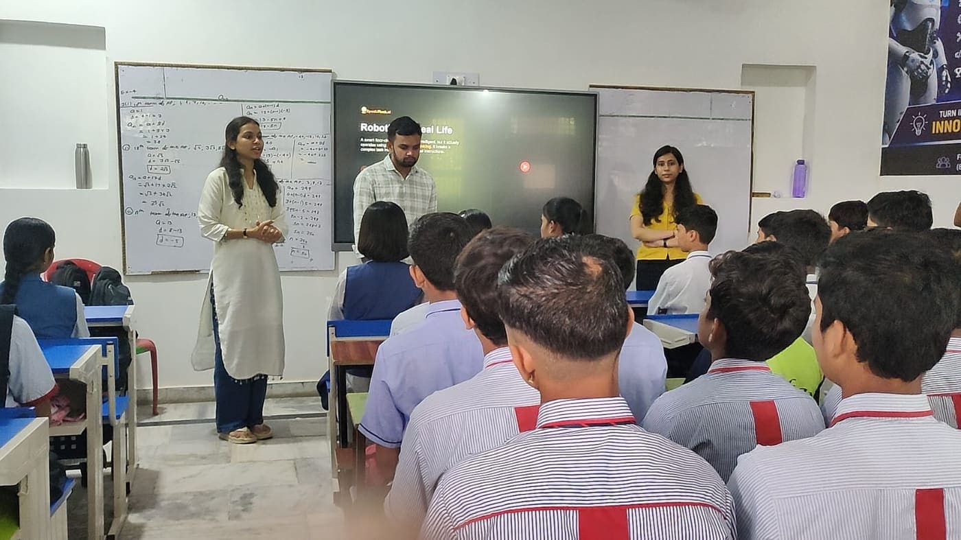 SpeakMonk team presenting a Robotics in Real Life session to a class of students