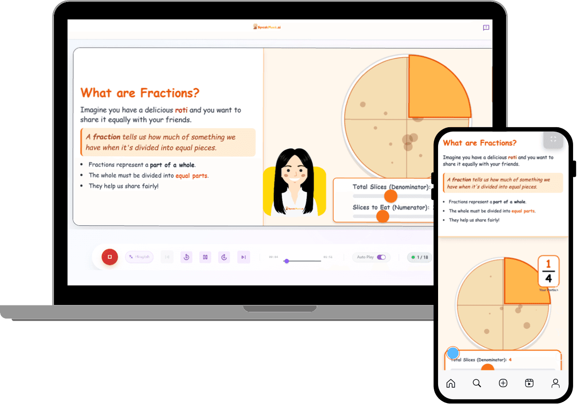 SpeakMonk AI Teacher on laptop and phone teaching fractions with a roti example