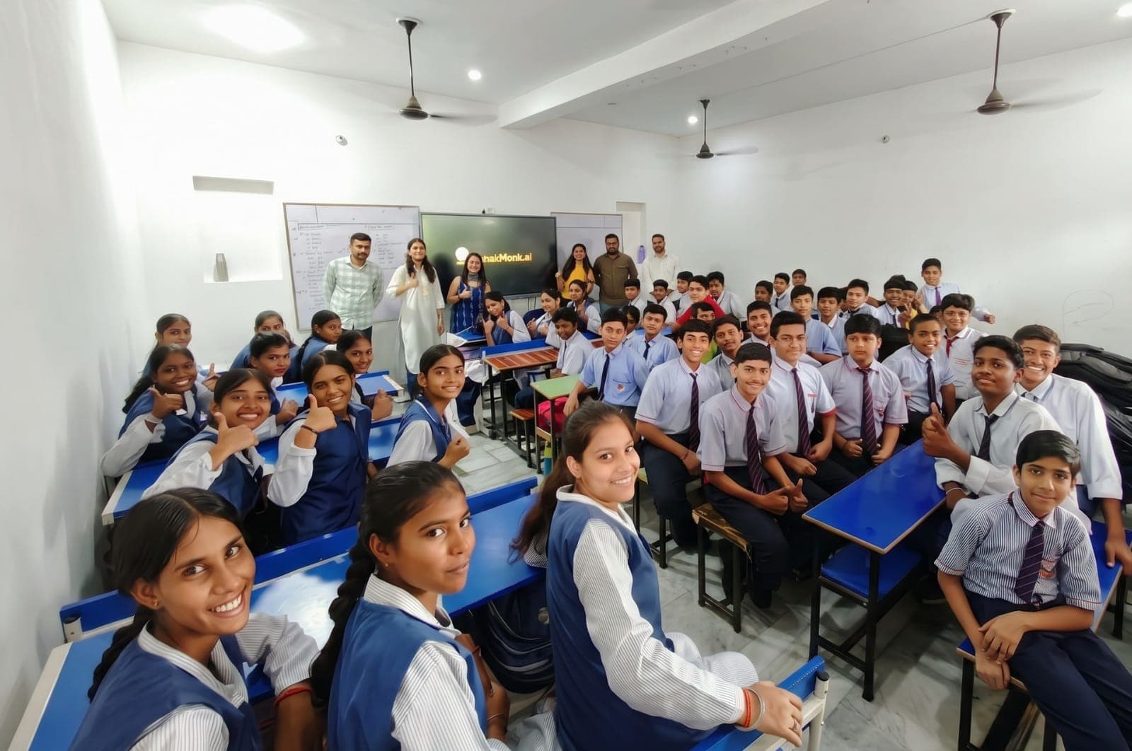 Students giving a thumbs up in class, with SpeakMonk on the classroom screen and the SpeakMonk team at the front